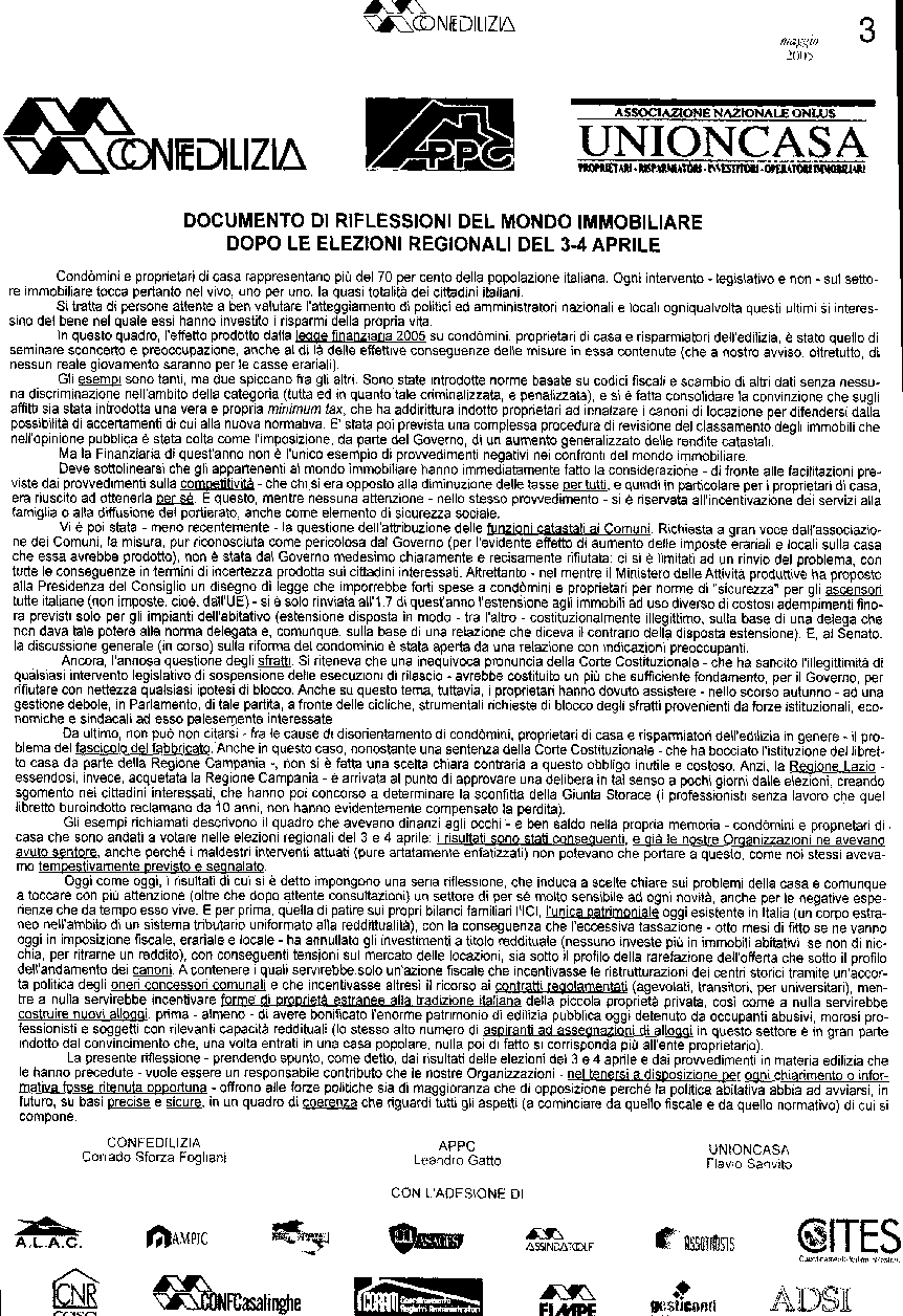 Documento di riflessioni del mondo immobiliare pubblicato su Confedilizia-notizie del maggio 2005l