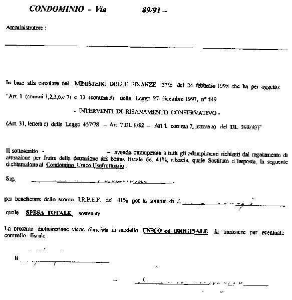 Dichiarazione dell'amministratore ai fini del 41%