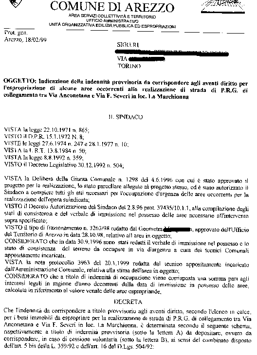indicazione dell'indennità provvisoria