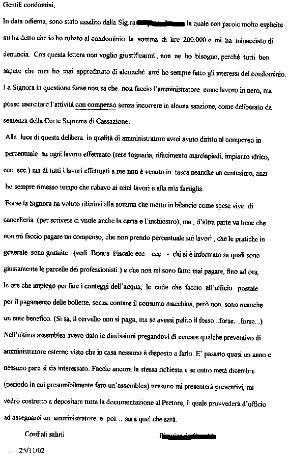 La lettera dell'amministratore che si difende dall'accusa di ladro