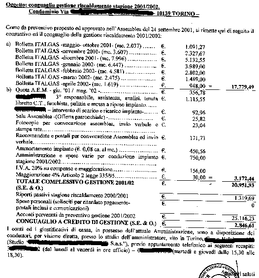 Consuntivo riscaldamento centralizzato